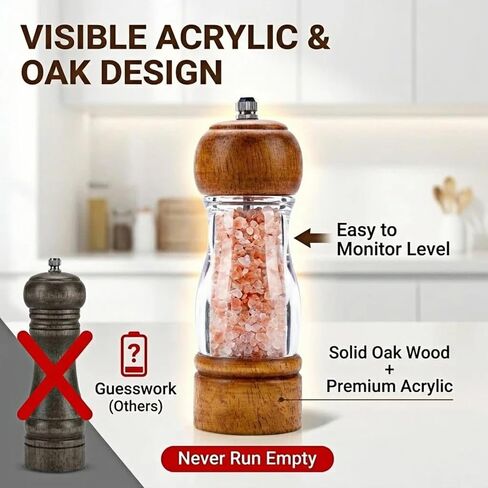 Wood Pepper Grinder Mill, 6.3 Inch Acrylic Sea Salt Shaker with Adjustable Coarseness, Refillable Manual Ceramic Core Spice Crusher for Kitchen Cooking, BBQ, Table Setting in Saudi Arabia
