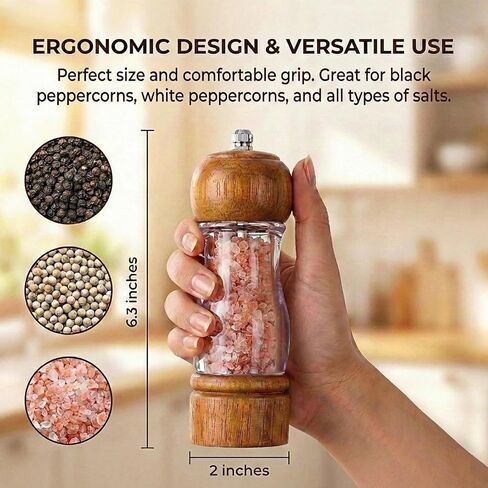 Wood Pepper Grinder Mill, 6.3 Inch Acrylic Sea Salt Shaker with Adjustable Coarseness, Refillable Manual Ceramic Core Spice Crusher for Kitchen Cooking, BBQ, Table Setting in Saudi Arabia