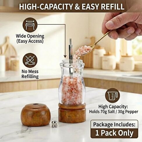 Wood Pepper Grinder Mill, 6.3 Inch Acrylic Sea Salt Shaker with Adjustable Coarseness, Refillable Manual Ceramic Core Spice Crusher for Kitchen Cooking, BBQ, Table Setting in Saudi Arabia