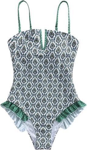 بدلة سباحة نسائية من SHENHE قطعة واحدة مزينة بالزهور للتحكم في البطن ورقبة على شكل حرف V مكشكشة in Kuwait