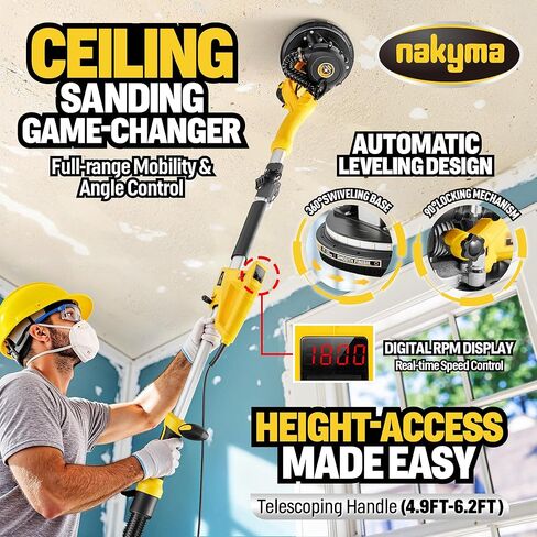 ماكينة صنفرة الحوائط الجافة، ماكينة سنفرة الحوائط الجافة الكهربائية بقدرة 950 وات 8.5 أمبير مع مجمع غبار فراغ، 9 سرعات متغيرة 800-2100 دورة في الدقيقة، مقبض قابل للطي والتمديد، ماكينة سنفرة الجدران لسقف الفشار، ماكينة سنفرة عمود الحوائط الجافة in Kuwait