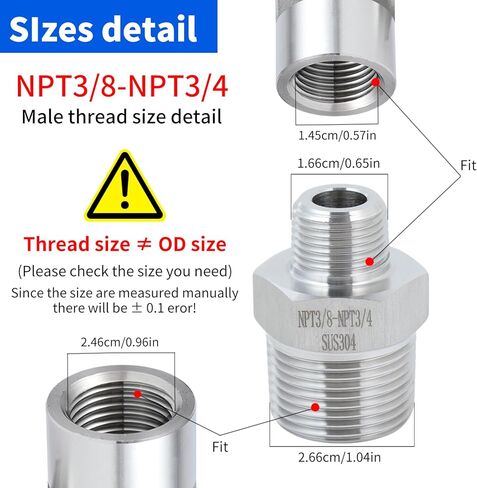 2 pack 3/8 to3/4male adapter,NPT3/8Male-NPT3/4Male nipple,Heavy-duty threaded pipe fitting, stainless steel304. in Kuwait