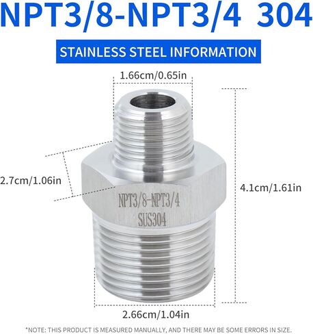 2 pack 3/8 to3/4male adapter,NPT3/8Male-NPT3/4Male nipple,Heavy-duty threaded pipe fitting, stainless steel304. in Kuwait