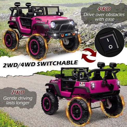 سيارة ركوب قابلة للتحويل OTTARO 24V 4WD/2WD، شاحنة مركبة كهربائية للأطفال بمقعدين مع مقعد 20 بوصة، محركات 4x100W، 4 ممتصات للصدمات، تشغيل الموسيقى، ضوء ساطع، جهاز تحكم عن بعد (وردي أرجواني) in Kuwait