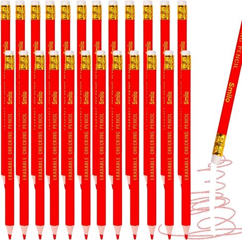 Smilo 12-Count Erasable Red Pencils with Erasers, Pre-Sharpened Triangular Barrel for Better Grip - Perfect for Checking, Grading, Correcting & Art in Kuwait
