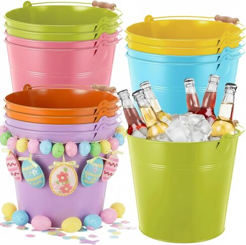 12 قطعة من الدلاء المعدنية المجلفنة الكبيرة بمقبض 10 بوصة شديدة التحمل من الفولاذ المقاوم للصدأ سطل دائري لحفلات الزفاف، والحرف اليدوية، والأواني، وقطع الطاولة المركزية (فضي) in Kuwait