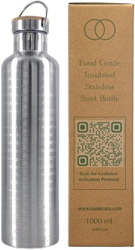 SANA Numerana Grabovoi Water Bottle 1L (34 oz) Stainless Steel | Water Activator Bottle Double-Walled Insulated Silver Bottle with Engraved Grabovoi Numbers (2.0 Version) in Saudi Arabia