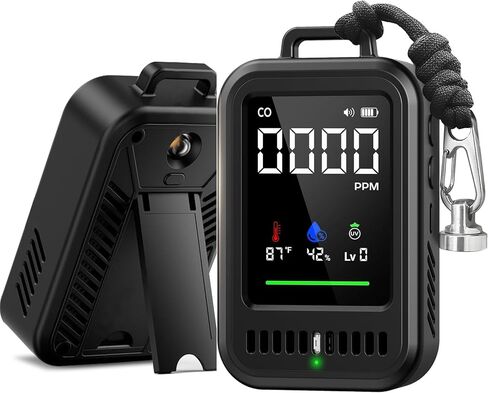 كاشف أول أكسيد الكربون المحمول 4 في 1 للسفر والتخييم، شاشة ثاني أكسيد الكربون قابلة لإعادة الشحن مع عرض درجة الحرارة والرطوبة ومؤشر الأشعة فوق البنفسجية، بطارية 1000 مللي أمبير في الساعة، مغناطيسي وحبل للمركبات الترفيهية والسيارة والخيمة والفندق in Kuwait