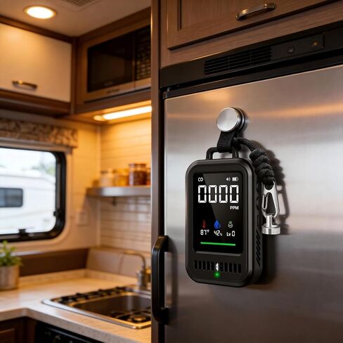 كاشف أول أكسيد الكربون المحمول 4 في 1 للسفر والتخييم، شاشة ثاني أكسيد الكربون قابلة لإعادة الشحن مع عرض درجة الحرارة والرطوبة ومؤشر الأشعة فوق البنفسجية، بطارية 1000 مللي أمبير في الساعة، مغناطيسي وحبل للمركبات الترفيهية والسيارة والخيمة والفندق in Kuwait