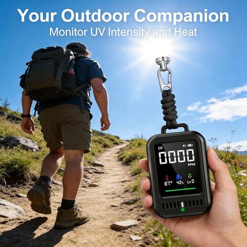 كاشف أول أكسيد الكربون المحمول 4 في 1 للسفر والتخييم، شاشة ثاني أكسيد الكربون قابلة لإعادة الشحن مع عرض درجة الحرارة والرطوبة ومؤشر الأشعة فوق البنفسجية، بطارية 1000 مللي أمبير في الساعة، مغناطيسي وحبل للمركبات الترفيهية والسيارة والخيمة والفندق in Kuwait