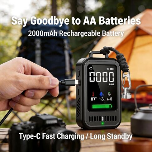 كاشف أول أكسيد الكربون المحمول 4 في 1 للسفر والتخييم، شاشة ثاني أكسيد الكربون قابلة لإعادة الشحن مع عرض درجة الحرارة والرطوبة ومؤشر الأشعة فوق البنفسجية، بطارية 1000 مللي أمبير في الساعة، مغناطيسي وحبل للمركبات الترفيهية والسيارة والخيمة والفندق in Kuwait