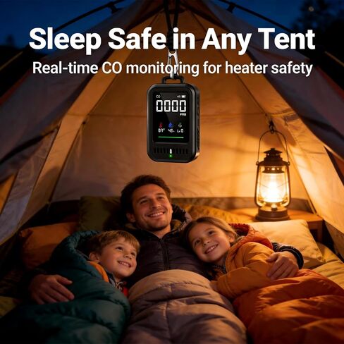 كاشف أول أكسيد الكربون المحمول 4 في 1 للسفر والتخييم، شاشة ثاني أكسيد الكربون قابلة لإعادة الشحن مع عرض درجة الحرارة والرطوبة ومؤشر الأشعة فوق البنفسجية، بطارية 1000 مللي أمبير في الساعة، مغناطيسي وحبل للمركبات الترفيهية والسيارة والخيمة والفندق in Kuwait