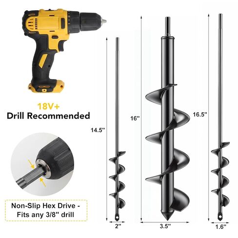 Auger Drill Bit for Planting Set of 3, 1.6x16.5, 2x14.5, 3.5x16 - Compatible with 3/8" Hex Drive Drill for Planting Bulbs, Bedding Plants, Mixing Soil, Fertilizer in Kuwait