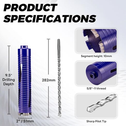 لقمة مثقاب أساسية مقاس 2 بوصة مع لقمة تجريبية ومحولات (SDS Plus و1/2 بوصة سداسية)، 5/8 بوصة - 11 خيط، عمق 9.5 بوصة، شرائح ملحومة مطورة لقم أساسية ماسية للخرسانة والبناء وكتل الطوب in Kuwait