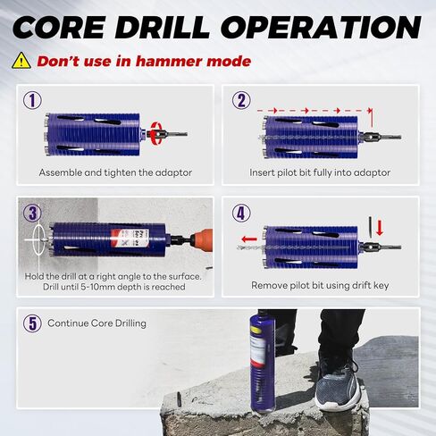 لقمة مثقاب أساسية مقاس 2 بوصة مع لقمة تجريبية ومحولات (SDS Plus و1/2 بوصة سداسية)، 5/8 بوصة - 11 خيط، عمق 9.5 بوصة، شرائح ملحومة مطورة لقم أساسية ماسية للخرسانة والبناء وكتل الطوب in Kuwait