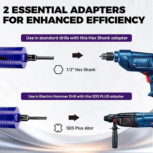 لقمة مثقاب أساسية مقاس 2 بوصة مع لقمة تجريبية ومحولات (SDS Plus و1/2 بوصة سداسية)، 5/8 بوصة - 11 خيط، عمق 9.5 بوصة، شرائح ملحومة مطورة لقم أساسية ماسية للخرسانة والبناء وكتل الطوب in Kuwait