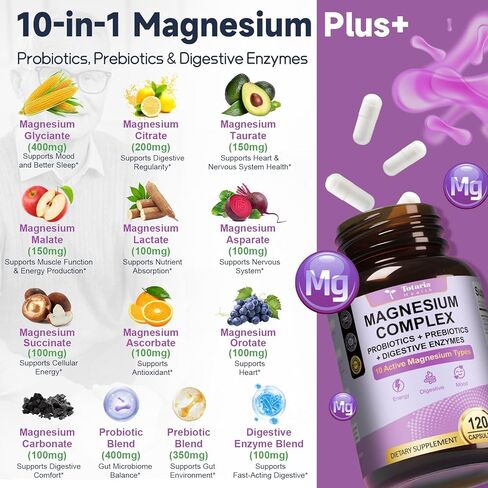 10-in-1 Magnesium Complex Supplement with Probiotics Prebiotics & Digestive Enzymes, 100 Billion CFU Probiotics for Women, High Absorption for Muscle, Sleep Calm, Gut & Digestive Health, Vegan Non-GMO in Kuwait