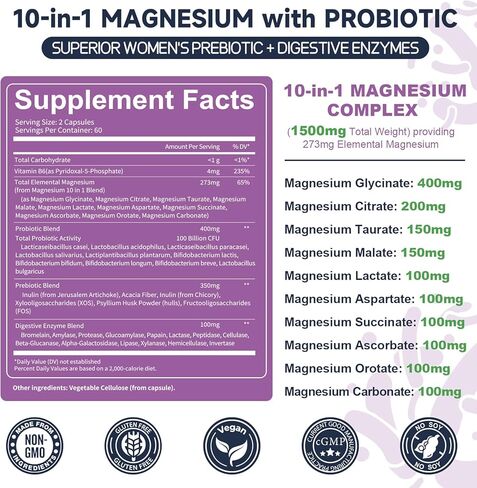 10-in-1 Magnesium Complex Supplement with Probiotics Prebiotics & Digestive Enzymes, 100 Billion CFU Probiotics for Women, High Absorption for Muscle, Sleep Calm, Gut & Digestive Health, Vegan Non-GMO in Kuwait