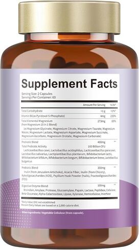 10-in-1 Magnesium Complex Supplement with Probiotics Prebiotics & Digestive Enzymes, 100 Billion CFU Probiotics for Women, High Absorption for Muscle, Sleep Calm, Gut & Digestive Health, Vegan Non-GMO in Kuwait