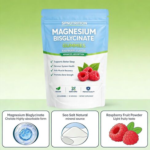 Spnutrition Magnesium Bisglycinate Gummies with 400mg Magnesium Bisglycinate Chelate,Sea Salt,Raspberry Fruit Powder,Improve Sleep,Vegan,Non-GMO,Daily Mineral Support,60 Count in Saudi Arabia