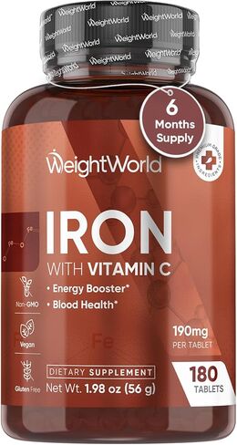WeightWorld Iron Supplement 65mg - with Vitamin C 125mg - 180 Tablets (6 Months Supply) - Gentle Carbonyl Iron Supplement for Women & Men - Energy Booster & Blood Heath - Vegan, Non-GMO & Gluten-Free in Kuwait