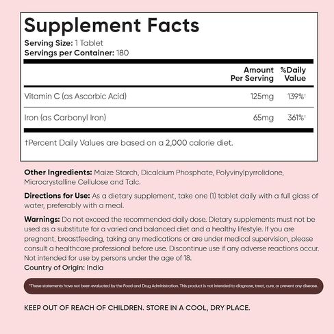 WeightWorld Iron Supplement 65mg - with Vitamin C 125mg - 180 Tablets (6 Months Supply) - Gentle Carbonyl Iron Supplement for Women & Men - Energy Booster & Blood Heath - Vegan, Non-GMO & Gluten-Free in Kuwait