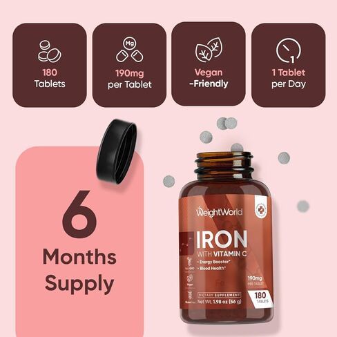 WeightWorld Iron Supplement 65mg - with Vitamin C 125mg - 180 Tablets (6 Months Supply) - Gentle Carbonyl Iron Supplement for Women & Men - Energy Booster & Blood Heath - Vegan, Non-GMO & Gluten-Free in Kuwait