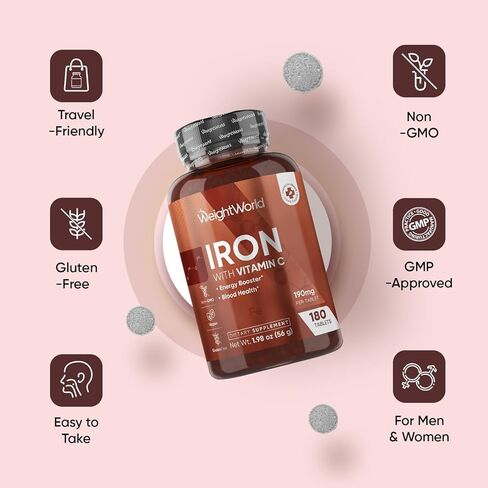 WeightWorld Iron Supplement 65mg - with Vitamin C 125mg - 180 Tablets (6 Months Supply) - Gentle Carbonyl Iron Supplement for Women & Men - Energy Booster & Blood Heath - Vegan, Non-GMO & Gluten-Free in Kuwait