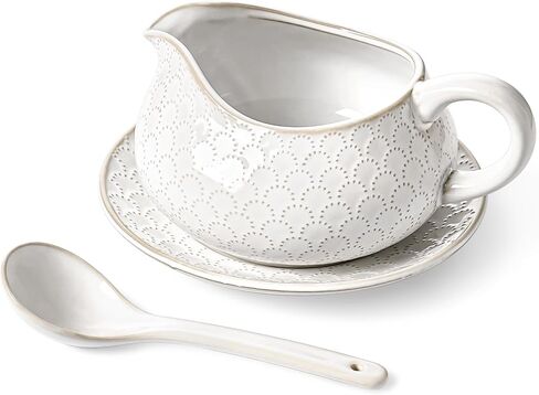 LE TAUCI Gravy Boat with Ladle and Saucer Stand 24oz, Ceramic Sauce Boat with Tray for Salad Dressings, Creamer, Broth, Black Pepper, Set of 1, Arctic White, Firework in Saudi Arabia