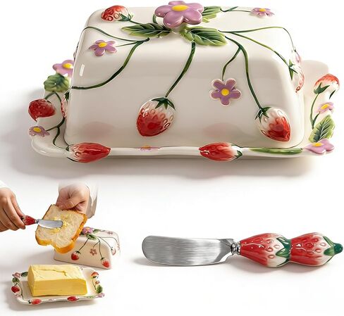 Strawberry Embossed Butter Dish with Lid - Ceramic Butter Keeper with Knife, Hand-Painted Underglaze Decoration, Oven-Safe, Dishwasher Safe, Gift for Mothers Day Thanksgiving Christmas in Kuwait