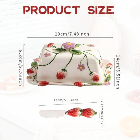 Strawberry Embossed Butter Dish with Lid - Ceramic Butter Keeper with Knife, Hand-Painted Underglaze Decoration, Oven-Safe, Dishwasher Safe, Gift for Mothers Day Thanksgiving Christmas in Kuwait
