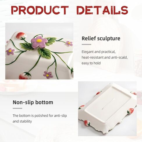 Strawberry Embossed Butter Dish with Lid - Ceramic Butter Keeper with Knife, Hand-Painted Underglaze Decoration, Oven-Safe, Dishwasher Safe, Gift for Mothers Day Thanksgiving Christmas in Kuwait
