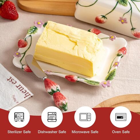 Strawberry Embossed Butter Dish with Lid - Ceramic Butter Keeper with Knife, Hand-Painted Underglaze Decoration, Oven-Safe, Dishwasher Safe, Gift for Mothers Day Thanksgiving Christmas in Kuwait