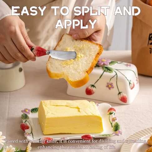 Strawberry Embossed Butter Dish with Lid - Ceramic Butter Keeper with Knife, Hand-Painted Underglaze Decoration, Oven-Safe, Dishwasher Safe, Gift for Mothers Day Thanksgiving Christmas in Kuwait