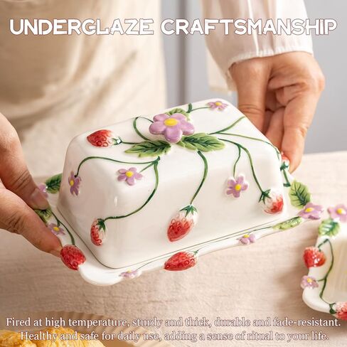 Strawberry Embossed Butter Dish with Lid - Ceramic Butter Keeper with Knife, Hand-Painted Underglaze Decoration, Oven-Safe, Dishwasher Safe, Gift for Mothers Day Thanksgiving Christmas in Kuwait