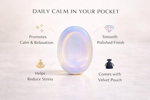 Opalite Worry Stone (Oval Thumb Stone) – Smooth Polished Crystal for Stress Relief & Meditation – Pocket Size Healing Stone with Velvet Pouch – Bombay Crystals Export in Kuwait