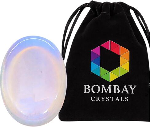 Opalite Worry Stone (Oval Thumb Stone) – Smooth Polished Crystal for Stress Relief & Meditation – Pocket Size Healing Stone with Velvet Pouch – Bombay Crystals Export in Kuwait