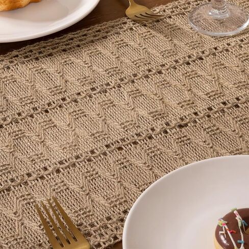 Niviy الخيش بوهو الجدول عداء لديكور المنزل الربيع 72 بوصة طويلة، ديكور مزرعة البني ريفي صغير مكرامية المنسوجة القهوة الخيش الجوت الجدول العداءين لفصل الصيف الطعام مضمد وشاح ديكور الطاولة in Kuwait