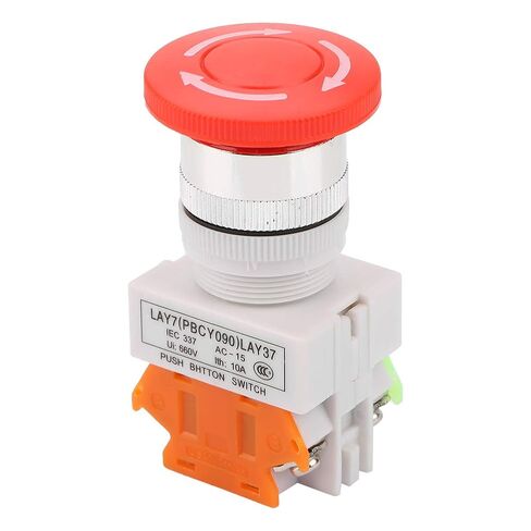 Emergency Stop Button, Self Locking, Mushroom Push Button Switch, 22mm Mount Insulated Design, for Industrial Machinery Equipment, Factories, Manufacturing Plants, CNC Machines, As in Saudi Arabia