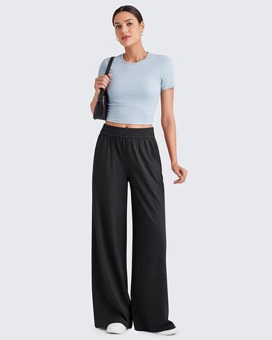 G4Free Wide Leg Pants Women Elastic Waist Trouser with Pockets Light Flowy Summer Pants Loose Travel(Black,L,29") in Saudi Arabia