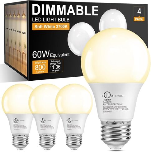 مصابيح إضاءة LED قابلة للتعتيم TJOY A19، مصابيح E26 LED مكافئة 60 وات، أبيض ناعم دافئ 2700 ك، قاعدة قياسية 800 لومن، مصابيح موفرة للطاقة، كفاءة 9 وات، 120 فولت، عمر 15000 ساعة، 6 عبوات in Kuwait