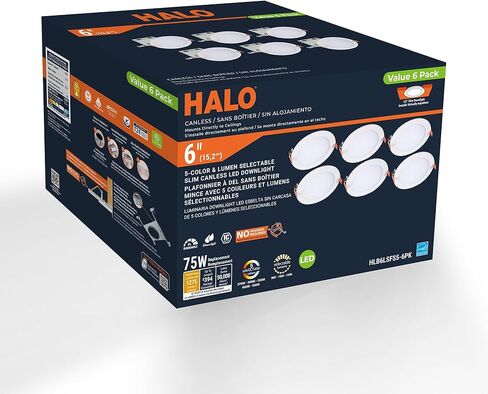 HALO HLB 6 في إضاءة LED مجوفة، موقع رطب غير قابل للتعتيم، لومن قابل للتحديد ولون قابل للاختيار 27/30/35/40/5000K، 6 عبوات من مصابيح السقف الداخلية والخارجية HLB6LSFS5-6PK in Kuwait