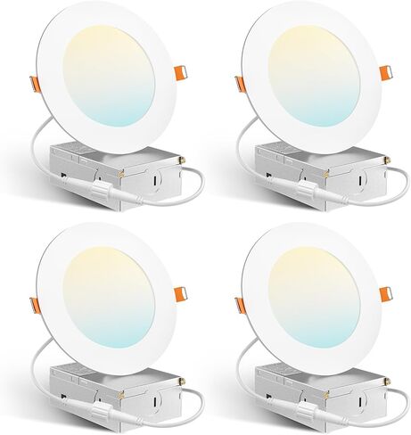 Amico 4 عبوات 4 بوصات 5CCT رفيعة جدًا LED إضاءة سقف خافتة مع صندوق توصيل، 2700K/3000K/3500K/4000K/5000K قابلة للاختيار، 10W Eqv 60W، 800 لومن، إضاءة سفلية عالية السطوع - ETL&FCC in Kuwait