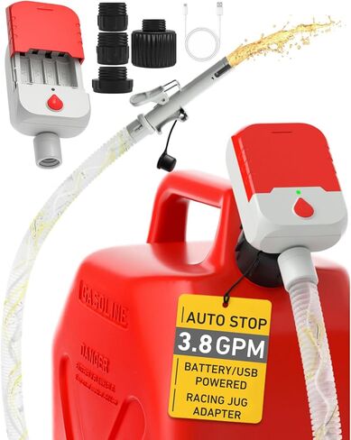 Auto-Stop Fuel Transfer Pump, Battery or USB Powered Electric Gas Pump, 3.2 Gallon per Min Portable Pump for Gas Can with 51" Hose & 4 Adapters for Gasoline, Diesel, No-Spill Refueling, Gift for Men in Kuwait