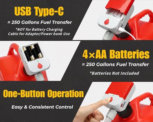 Auto-Stop Fuel Transfer Pump, Battery or USB Powered Electric Gas Pump, 3.2 Gallon per Min Portable Pump for Gas Can with 51" Hose & 4 Adapters for Gasoline, Diesel, No-Spill Refueling, Gift for Men in Kuwait