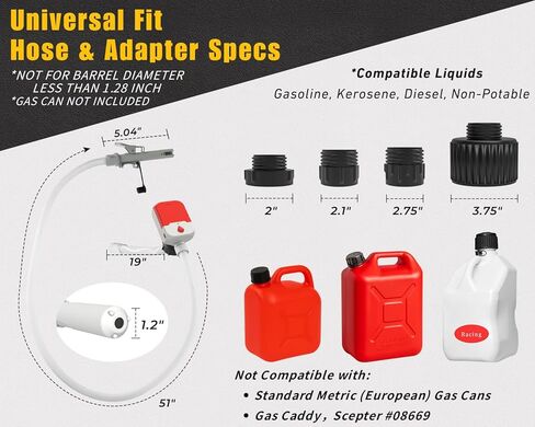 Auto-Stop Fuel Transfer Pump, Battery or USB Powered Electric Gas Pump, 3.2 Gallon per Min Portable Pump for Gas Can with 51" Hose & 4 Adapters for Gasoline, Diesel, No-Spill Refueling, Gift for Men in Kuwait