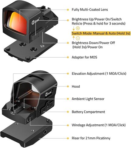 CVLIFE BearMight Auto-Brightness Red Dot Sight with Hood for RMR, 5000G Shockproof, 2 MOA Dot & 32 MOA Circle Open Reflex Optics, Motion Awake Scope for Full-Sized Pistols, Adapter for MOS & Picatinny in Saudi Arabia