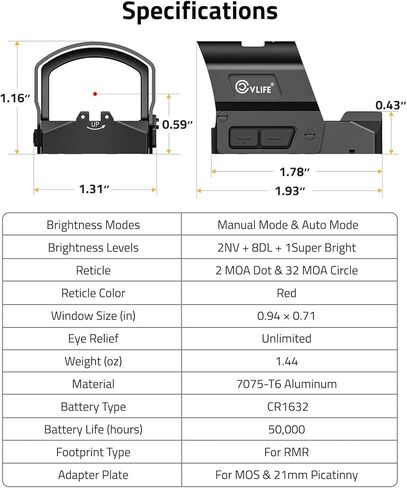 CVLIFE BearMight Auto-Brightness Red Dot Sight with Hood for RMR, 5000G Shockproof, 2 MOA Dot & 32 MOA Circle Open Reflex Optics, Motion Awake Scope for Full-Sized Pistols, Adapter for MOS & Picatinny in Saudi Arabia