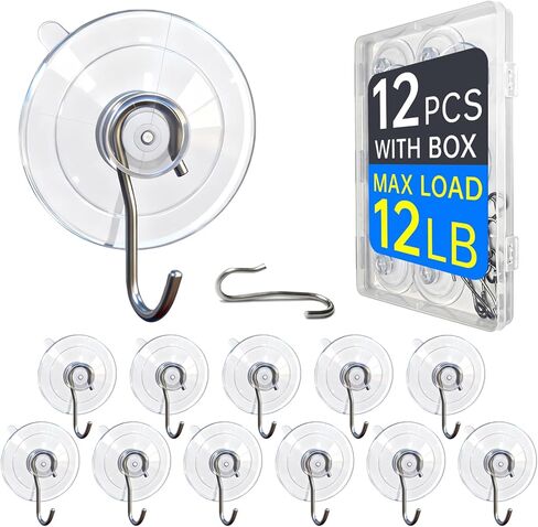 Suction Cup Hooks (V2.0)-12Pack, 12LB Max Load, 1.78 Inch No-Trace Reusable & Removable Clear StainlessSteel Mini Suction Hooks, Great for Tile, Glass Window, Shower, Kitchen & Bathroom (12) in Saudi Arabia