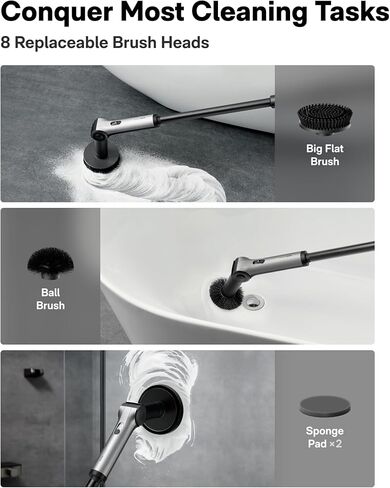HOTO Flexi™ Cordless Electric Spin Scrubber, Adjustable Angle, Extendable Handle, Smart Display, IPX7 Waterproof, Powerful Cleaning Scrubber with 8 Replaceable Brush Heads, for Bathtub, Bathroom, Tile in Saudi Arabia